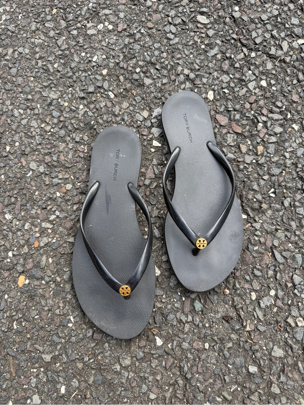 Tory Burch Black Flip Sandals with Gold Logo